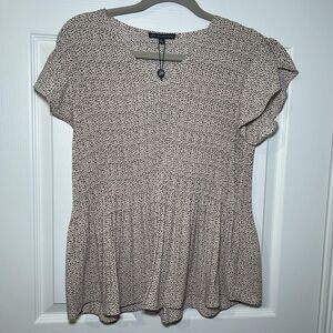 Adrianna Papell Blouse Women's Small Beige V Neck Flutter Sleeve Tunic Top NWT